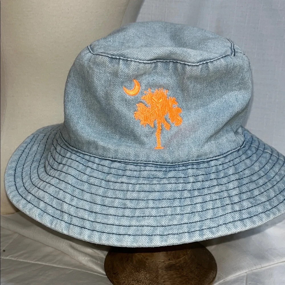 South Carolina Palmetto Tree Denim Bucket Hat Orange Embroidered Crescent Moon